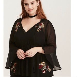 SOLD TORRID Sheer Embroidered Black Top Bell Sleeves